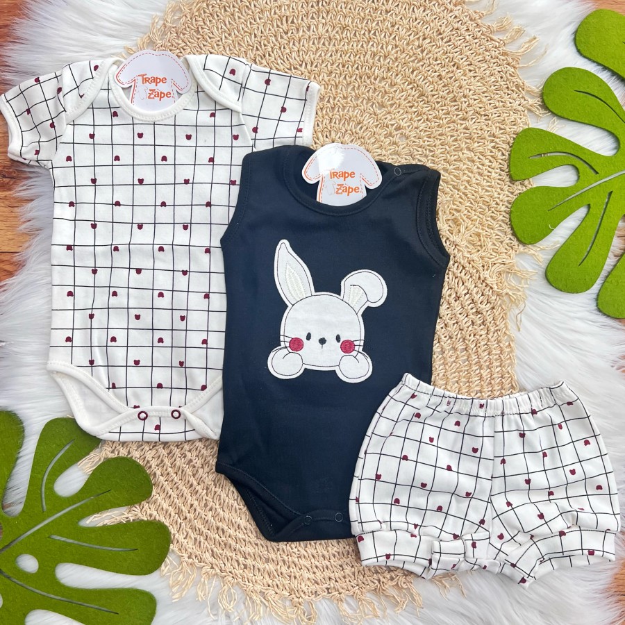 CONJ. DE MALHA 3 PEÇAS - Coelhinha com Quadriculado - Preto e Off White